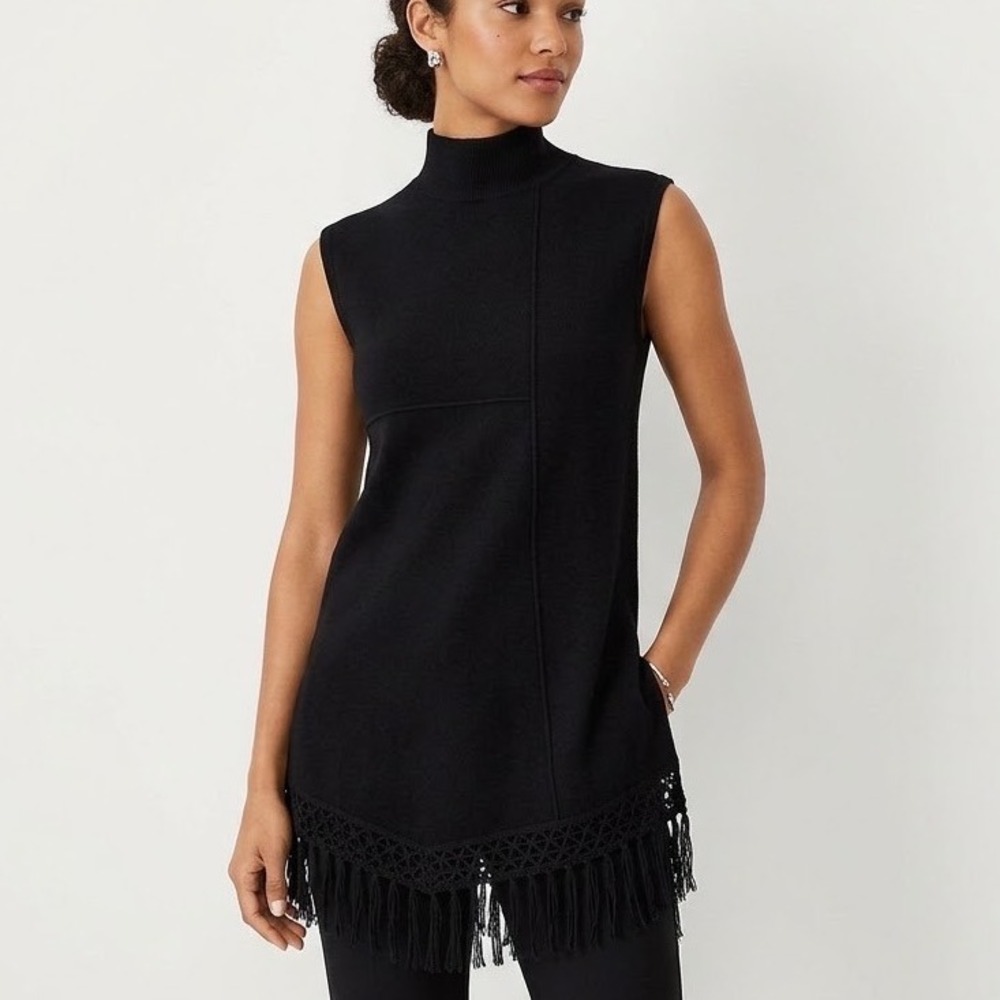 Nic+Zoe Black Mock Neck Sleeveless Fringe Hem Knit Tunic Top XL Boho Minimalist